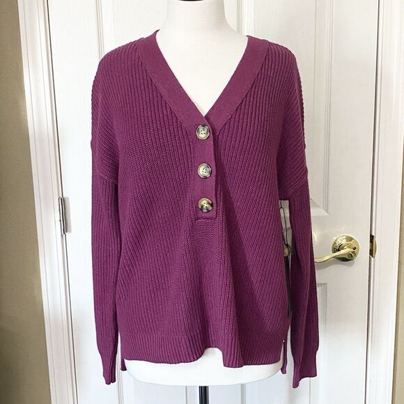 Rachel Zoe Womens Oversized Fit Rib Sweater Half Button V-Neck Berry Size Small - Picture 1 of 9